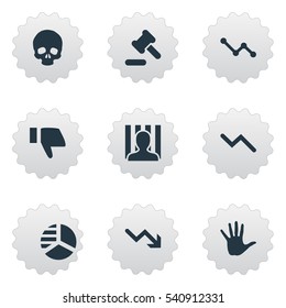Set Of 9 Simple Trouble Icons. Can Be Found Such Elements As Head Bone, Info Graph, Graph Decreases And Other.