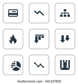 Set Of 9 Simple Trouble Icons. Can Be Found Such Elements As Info Graph, Round Graph, Penitentiary And Other.
