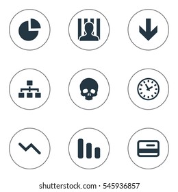 Set Of 9 Simple Trouble Icons. Can Be Found Such Elements As Line Chart, Circular Diagram, Down Cursor And Other.