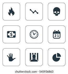 Set Of 9 Simple Trouble Icons. Can Be Found Such Elements As Circular Diagram, Agenda, Fire And Other.