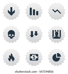 Set Of 9 Simple Trouble Icons. Can Be Found Such Elements As Head Bone, Circular Diagram, Descending And Other.