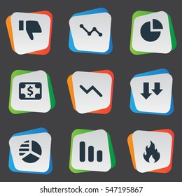 Set Of 9 Simple Trouble Icons. Can Be Found Such Elements As Finger Below, Round Graph, Circular Diagram And Other.