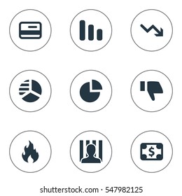 Set Of 9 Simple Trouble Icons. Can Be Found Such Elements As Circular Diagram, Finger Below, Round Graph And Other.