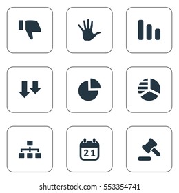 Set Of 9 Simple Trouble Icons. Can Be Found Such Elements As Descending, Finger Below, Round Graph And Other.