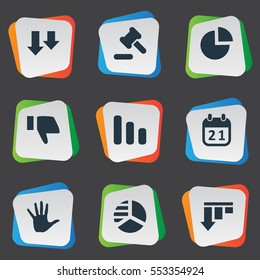 Set Of 9 Simple Trouble Icons. Can Be Found Such Elements As Finger Below, Descending, Tribunal And Other.