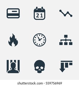Set Of 9 Simple Trouble Icons. Can Be Found Such Elements As Fire, Plastic Card, Head Bone And Other.