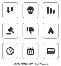 Set Of 9 Simple Trouble Icons. Can Be Found Such Elements As Tribunal, Finger Below, Plastic Card And Other.