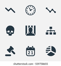Set Of 9 Simple Trouble Icons. Can Be Found Such Elements As Agenda, Tribunal, Net And Other.