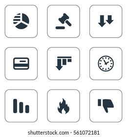 Set Of 9 Simple Trouble Icons. Can Be Found Such Elements As Round Graph, Line Chart, Finger Below And Other.