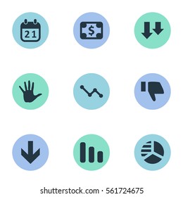 Set Of 9 Simple Trouble Icons. Can Be Found Such Elements As Palm, Graph Decreases, Descending And Other.