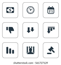 Set Of 9 Simple Trouble Icons. Can Be Found Such Elements As Descending, Clock, Finger Below And Other.