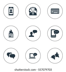 Set Of 9 Simple User Icons. Can Be Found Such Elements As Keypad, Man Considering, Loudspeaker And Other.