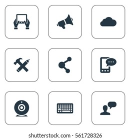 Set Of 9 Simple User Icons. Can Be Found Such Elements As E-Letter, Notepad, Overcast And Other.