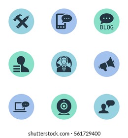 Set Of 9 Simple User Icons. Can Be Found Such Elements As Repair, E-Letter, Loudspeaker And Other.