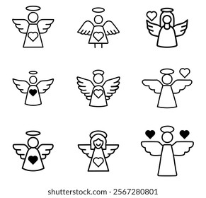 Set of 9 simple Valentine's Day Angel Cupid icons. Set of nine icons of angels with hearts.