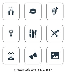 Set Of 9 Simple Visual Art Icons. Can Be Found Such Elements As Image, Brush, Project Aim And Other.
