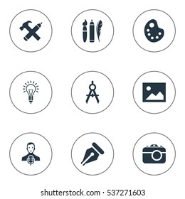 Set Of 9 Simple Visual Art Icons. Can Be Found Such Elements As Lightbulb, Pencil, Performance And Other.