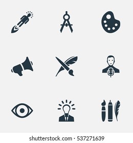 Set Of 9 Simple Visual Art Icons. Can Be Found Such Elements As Leader, View, Performance And Other.