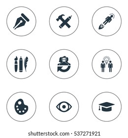 Set Of 9 Simple Visual Art Icons. Can Be Found Such Elements As Leadership, Design Instruments, Entrepreneur And Other.