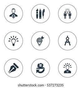 Set Of 9 Simple Visual Art Icons. Can Be Found Such Elements As Design Instruments, Project Aim, Leader And Other.