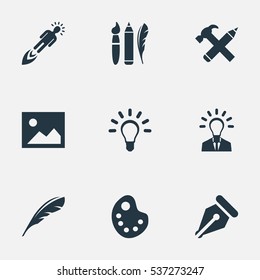 Set Of 9 Simple Visual Art Icons. Can Be Found Such Elements As Image, Lightbulb, Design Instruments And Other.