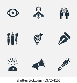 Set Of 9 Simple Visual Art Icons. Can Be Found Such Elements As Project Aim, Business Discussion, View And Other.