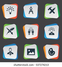 Set Of 9 Simple Visual Art Icons. Can Be Found Such Elements As Business Discussion, Brush, Leader And Other.