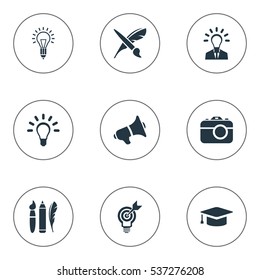 Set Of 9 Simple Visual Art Icons. Can Be Found Such Elements As Bullhorn, Lightbulb, Academic Cap And Other.