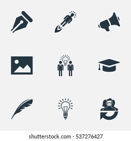 Set Of 9 Simple Visual Art Icons. Can Be Found Such Elements As Leadership, Writing Tool, Image And Other.