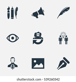 Set Of 9 Simple Visual Art Icons. Can Be Found Such Elements As Image, Bullhorn, Performance And Other.