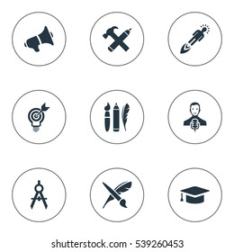 Set Of 9 Simple Visual Art Icons. Can Be Found Such Elements As Performance, Pencil, Project Aim And Other.