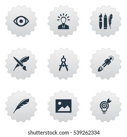 Set Of 9 Simple Visual Art Icons. Can Be Found Such Elements As Design Instruments, Entrepreneur, Brush And Other.