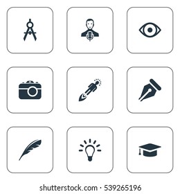 Set Of 9 Simple Visual Art Icons. Can Be Found Such Elements As Academic Cap, Performance, View And Other.
