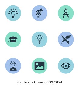 Set Of 9 Simple Visual Art Icons. Can Be Found Such Elements As Project Aim, Image, Lightbulb And Other.