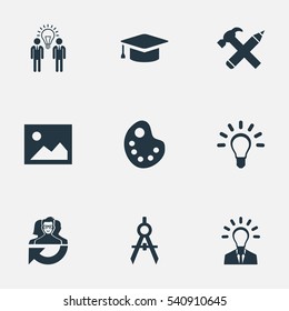 Set Of 9 Simple Visual Art Icons. Can Be Found Such Elements As Academic Cap, Leadership, Image And Other.