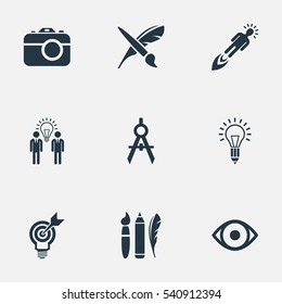 Set Of 9 Simple Visual Art Icons. Can Be Found Such Elements As Brush, Dividers, View And Other.