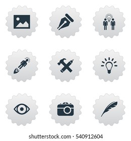 Set Of 9 Simple Visual Art Icons. Can Be Found Such Elements As Entrepreneur, Business Discussion, Image And Other.