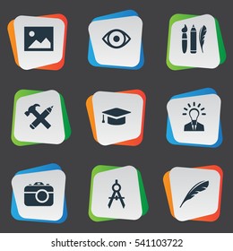 Set Of 9 Simple Visual Art Icons. Can Be Found Such Elements As View, Photo Tool, Design Instruments And Other.