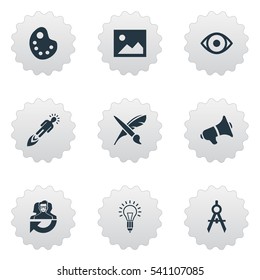 Set Of 9 Simple Visual Art Icons. Can Be Found Such Elements As Entrepreneur, Bullhorn, Dividers And Other.