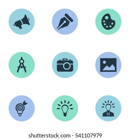 Set Of 9 Simple Visual Art Icons. Can Be Found Such Elements As Drawing Tool, Photo Tool, Bullhorn And Other.