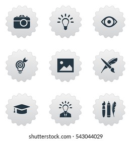 Set Of 9 Simple Visual Art Icons. Can Be Found Such Elements As View, Photo Tool, Design Instruments And Other.