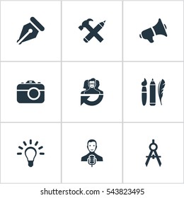 Set Of 9 Simple Visual Art Icons. Can Be Found Such Elements As Bullhorn, Pencil, Writing Tool And Other.