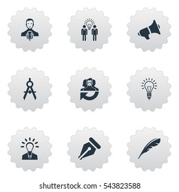 Set Of 9 Simple Visual Art Icons. Can Be Found Such Elements As Bullhorn, Leadership, Lightbulb And Other.