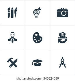 Set Of 9 Simple Visual Art Icons. Can Be Found Such Elements As Academic Cap, Dividers, Design Instruments And Other.