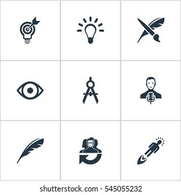Set Of 9 Simple Visual Art Icons. Can Be Found Such Elements As Plume, Project Aim, Leadership And Other.