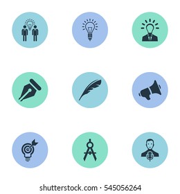 Set Of 9 Simple Visual Art Icons. Can Be Found Such Elements As Leader, Project Aim, Performance And Other.