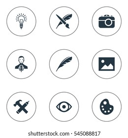 Set Of 9 Simple Visual Art Icons. Can Be Found Such Elements As Drawing Tool, Image, Lightbulb And Other.