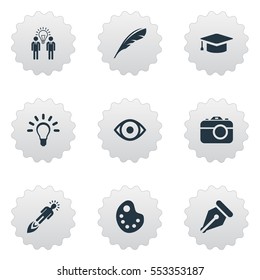 Set Of 9 Simple Visual Art Icons. Can Be Found Such Elements As Business Discussion, Photo Tool, Drawing Tool And Other.
