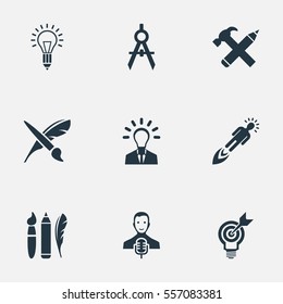 Set Of 9 Simple Visual Art Icons. Can Be Found Such Elements As Pencil, Performance, Leader And Other.