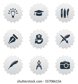 Set Of 9 Simple Visual Art Icons. Can Be Found Such Elements As Dividers, Writing Tool, Brush And Other.